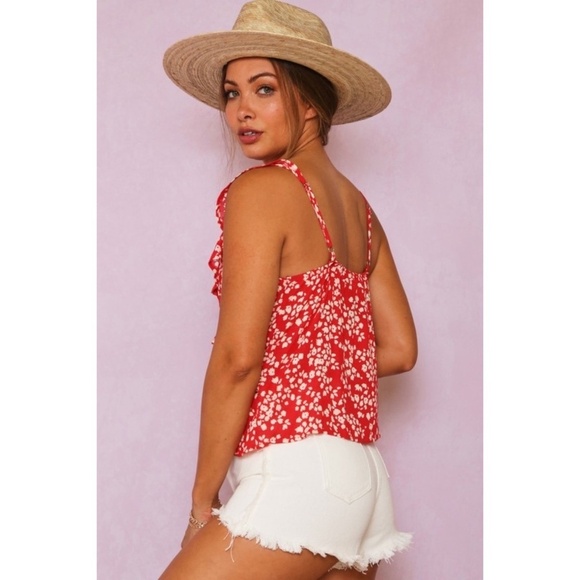 Fantastic Fawn Red Ditzy Floral Ruffle V Neck Cami Top - Picture 5 of 10